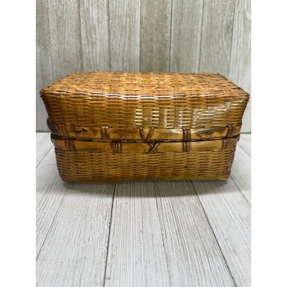 Vintage Woven Rattan Wicker Picnic Basket Storage Decor No Handles 7.5" x 4" - Picture 4 of 16